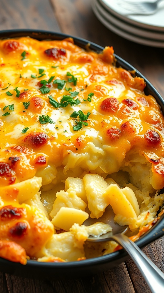 A cheesy potato casserole with golden crust, garnished with parsley, served on a rustic table.